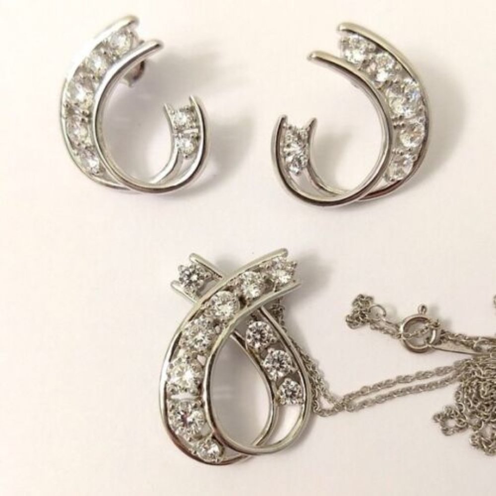 Jose Hess Sterling Silver Necklace & Earring Set Clear Rhinestones Chain Include